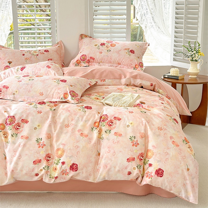 91家纺网 家纺一手货源 找家纺  元元被芯 2024新款全棉长绒棉数码印花四件套全棉四件套纯棉四件套 碧玉倩影-粉