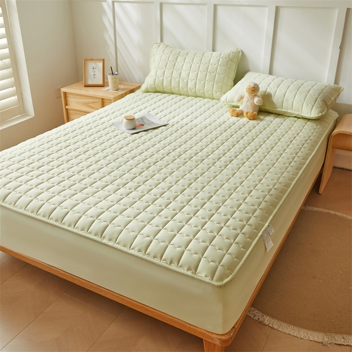 91家纺网 家纺一手货源 找家纺 雯豆家纺 2024新款A类全棉夹棉床笠三件套纯色纯棉床笠 全棉夹棉床笠-若草绿