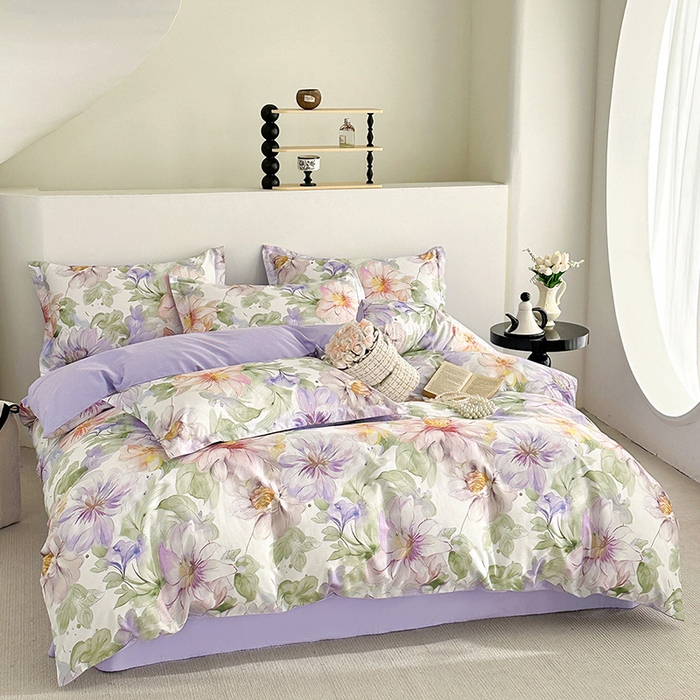 91家纺网 家纺一手货源 找家纺  元元被芯 2024新款全棉长绒棉数码印花四件套全棉四件套纯棉四件套 花的旅途-紫