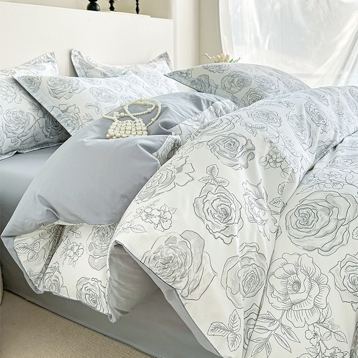 91家纺网 家纺一手货源 找家纺  元元被芯 2024新款全棉长绒棉数码印花四件套全棉四件套纯棉四件套 芙花瑶-米