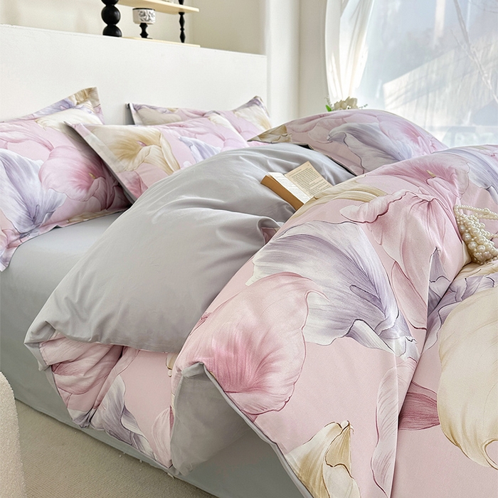 91家纺网 家纺一手货源 找家纺  元元被芯 2024新款全棉长绒棉数码印花四件套全棉四件套纯棉四件套 步步生莲-粉