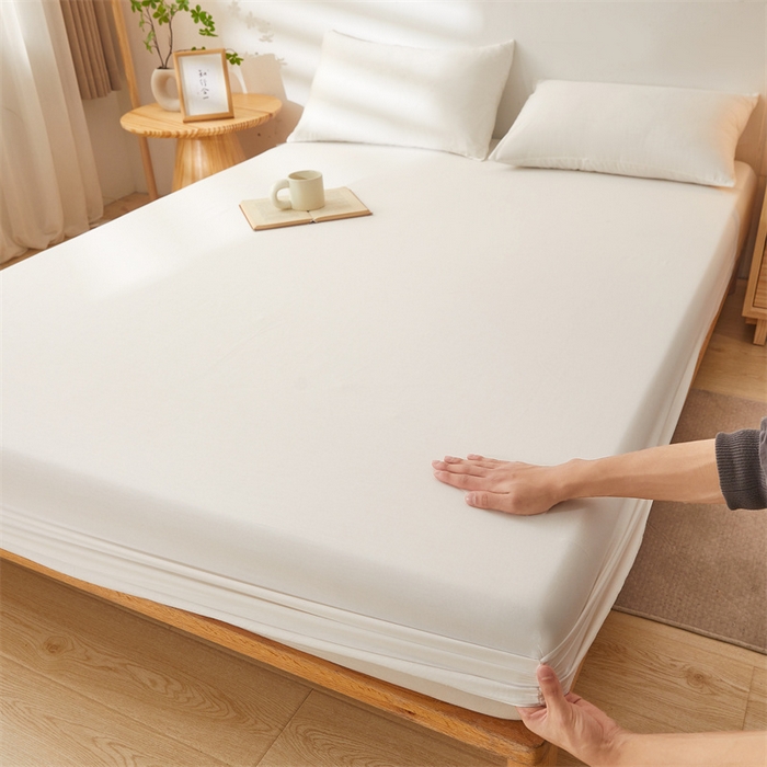 91家纺网 家纺一手货源 找家纺 雯豆 2024春夏新款纯色素色全棉床笠三件套纯棉床罩保护套 全棉单层床笠-象牙白