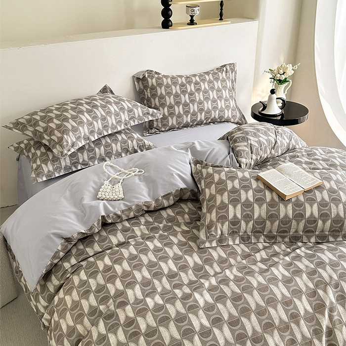 91家纺网 家纺一手货源 找家纺  元元被芯 2024新款全棉长绒棉数码印花四件套全棉四件套纯棉四件套 几何汇-咖