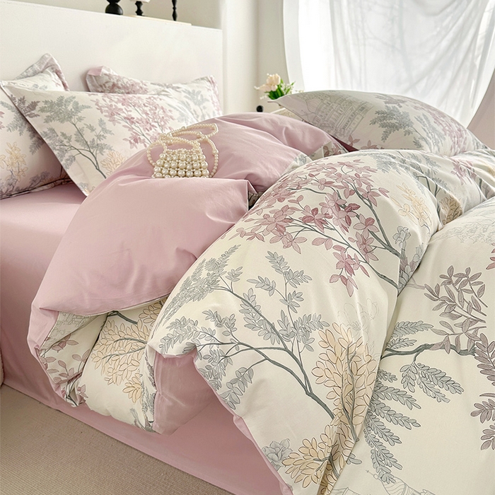 91家纺网 家纺一手货源 找家纺  元元被芯 2024新款全棉长绒棉数码印花四件套全棉四件套纯棉四件套 画意枝头-粉