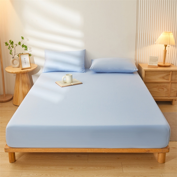 91家纺网 家纺一手货源 找家纺 雯豆 2024春夏新款纯色素色全棉床笠三件套纯棉床罩保护套 全棉单层床笠-云川蓝