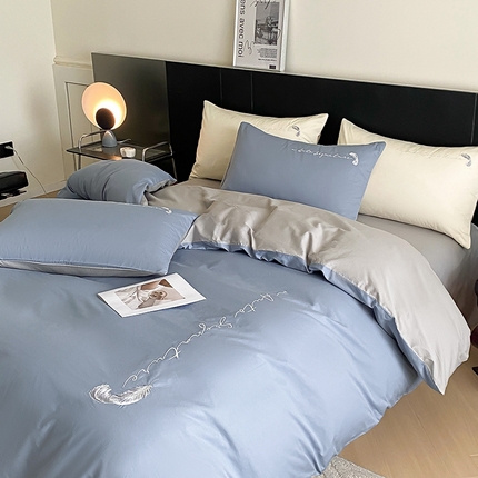 91家纺网 家纺一手货源 找家纺  澳梵家居 2024新款【知羽】系列60s刺绣全棉四件套 知羽-莱茵蓝