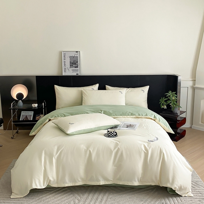 91家纺网 家纺一手货源 找家纺  澳梵家居 2024新款【知羽】系列60s刺绣全棉四件套 知羽-奶白绿