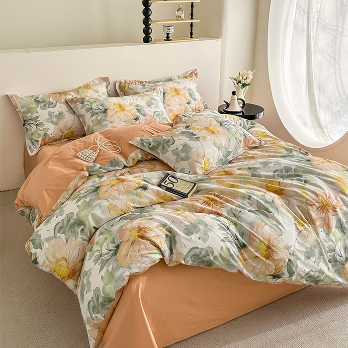 91家纺网 家纺一手货源 找家纺  元元被芯 2024新款全棉长绒棉数码印花四件套全棉四件套纯棉四件套 花的旅途-桔