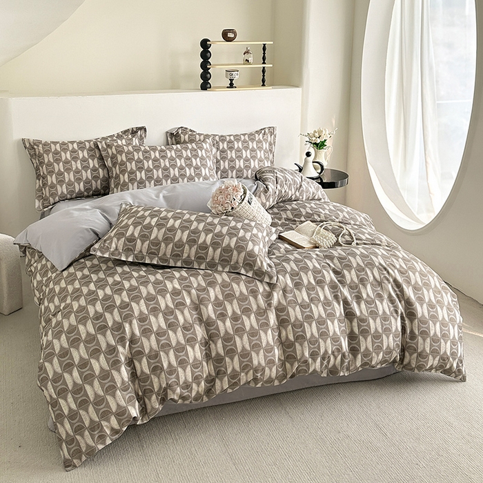 91家纺网 家纺一手货源 找家纺  元元被芯 2024新款全棉长绒棉数码印花四件套全棉四件套纯棉四件套 几何汇-咖