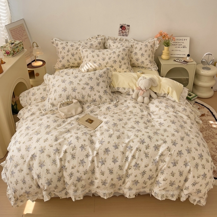 91家纺网 家纺一手货源 找家纺 麦朵13372花边长绒棉床裙款四件套双层纱全棉水洗棉套件 繁花-兰