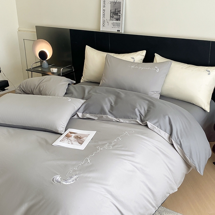 91家纺网 家纺一手货源 找家纺  澳梵家居 2024新款【知羽】系列60s刺绣全棉四件套 知羽-椰子灰