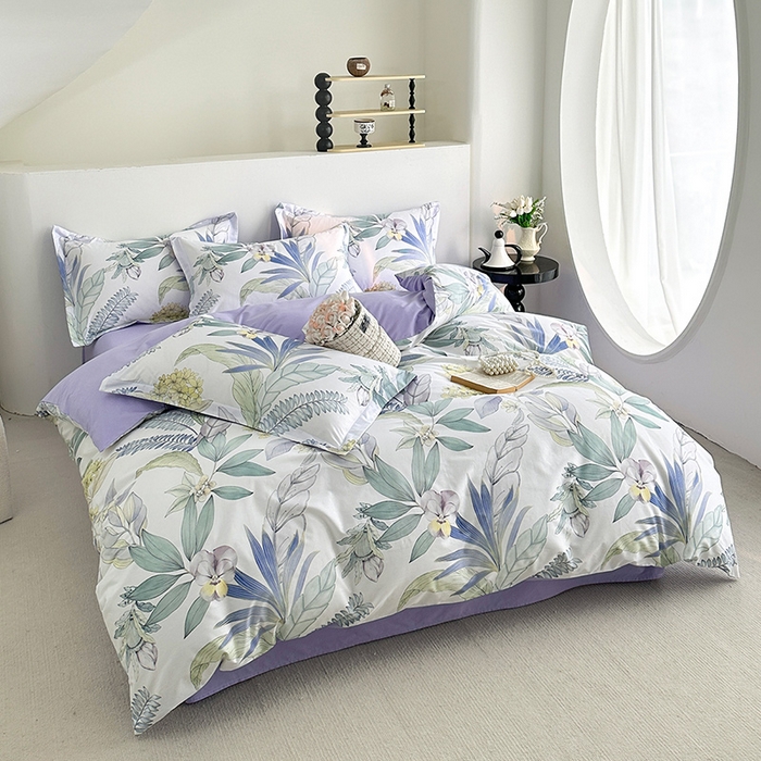 91家纺网 家纺一手货源 找家纺  元元被芯 2024新款全棉长绒棉数码印花四件套全棉四件套纯棉四件套 花意飘香-紫