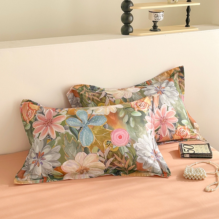 91家纺网 家纺一手货源 找家纺  元元被芯 2024新款全棉长绒棉数码印花四件套全棉四件套纯棉四件套 花的嫁纱-桔