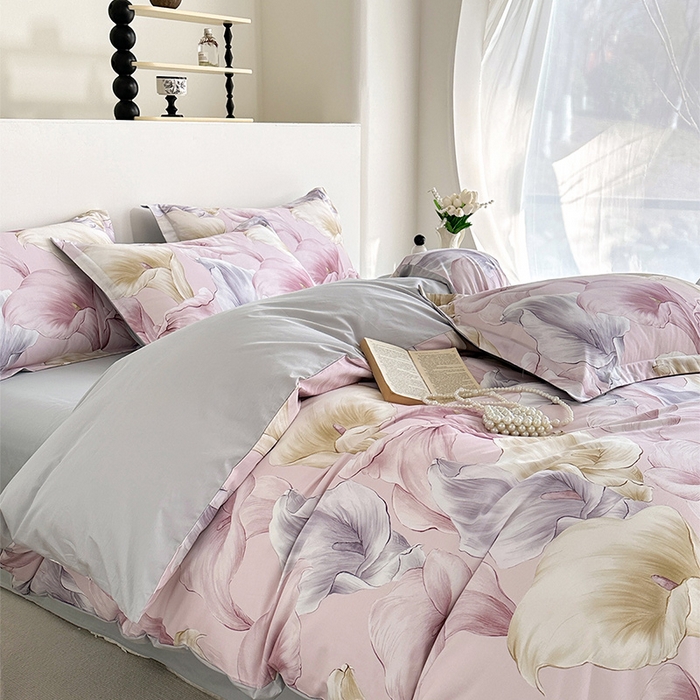 91家纺网 家纺一手货源 找家纺  元元被芯 2024新款全棉长绒棉数码印花四件套全棉四件套纯棉四件套 步步生莲-粉