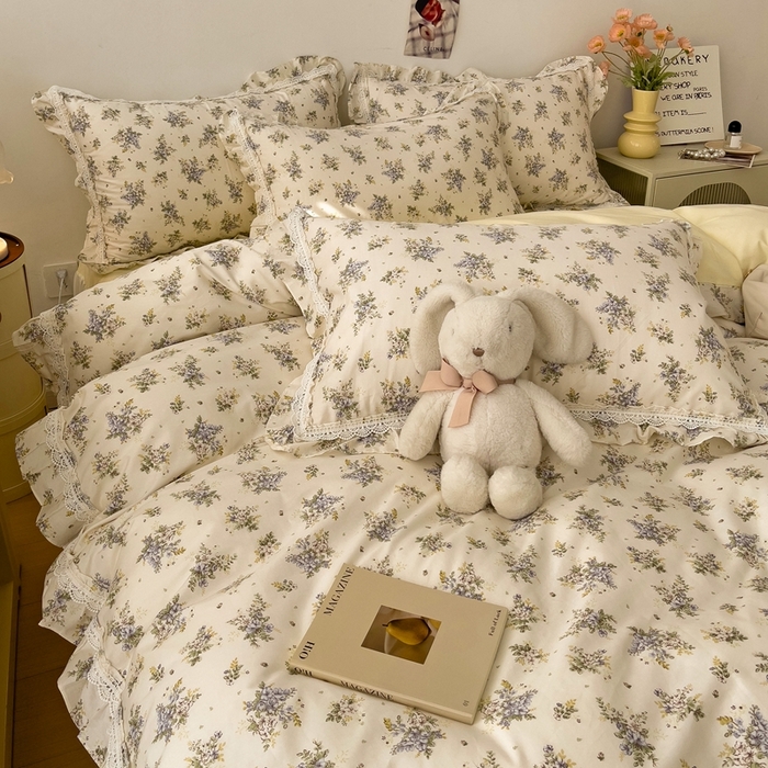 91家纺网 家纺一手货源 找家纺 麦朵13372花边长绒棉床裙款四件套双层纱全棉水洗棉套件 繁花-兰