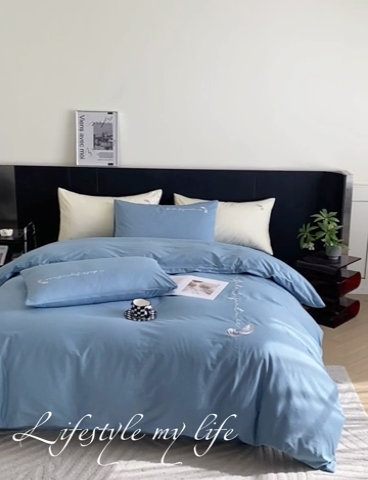 91家纺网 家纺一手货源 找家纺  澳梵家居 2024新款【知羽】系列60s刺绣全棉四件套 知羽-绅士蓝