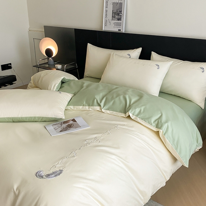 91家纺网 家纺一手货源 找家纺  澳梵家居 2024新款【知羽】系列60s刺绣全棉四件套 知羽-奶白绿