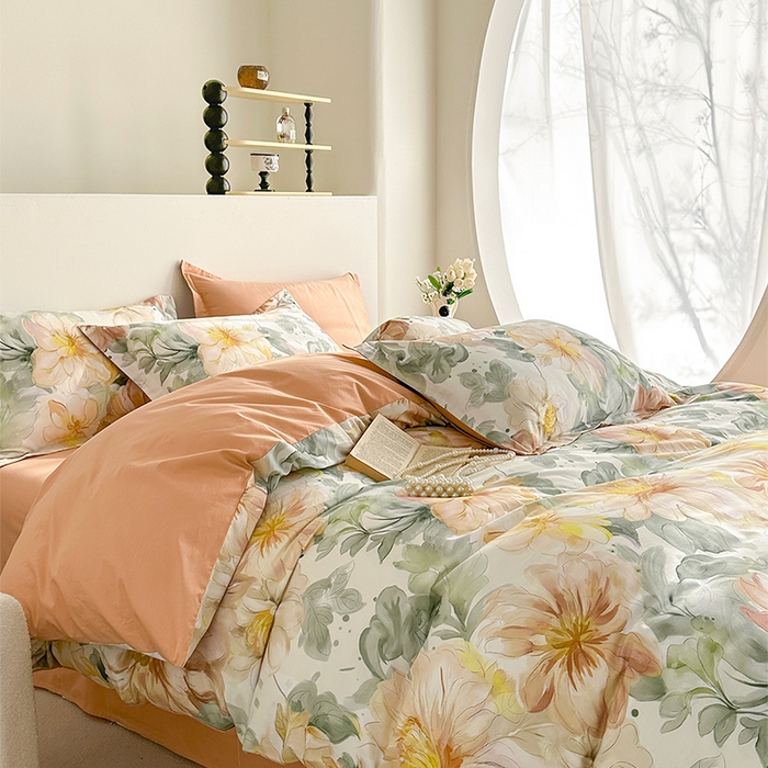 91家纺网 家纺一手货源 找家纺  元元被芯 2024新款全棉长绒棉数码印花四件套全棉四件套纯棉四件套 花的旅途-桔