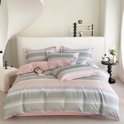 91家纺网 家纺一手货源 找家纺  元元被芯 2024新款全棉长绒棉数码印花四件套全棉四件套纯棉四件套 阳光彩条-粉