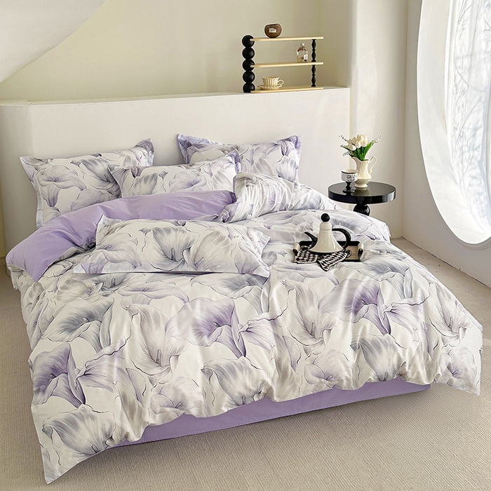 91家纺网 家纺一手货源 找家纺  元元被芯 2024新款全棉长绒棉数码印花四件套全棉四件套纯棉四件套 步步生莲-紫