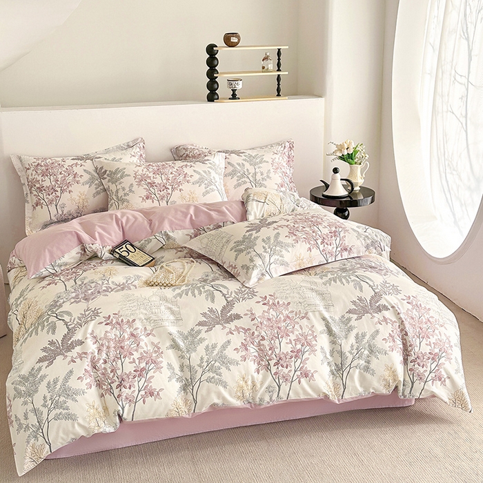 91家纺网 家纺一手货源 找家纺  元元被芯 2024新款全棉长绒棉数码印花四件套全棉四件套纯棉四件套 画意枝头-粉