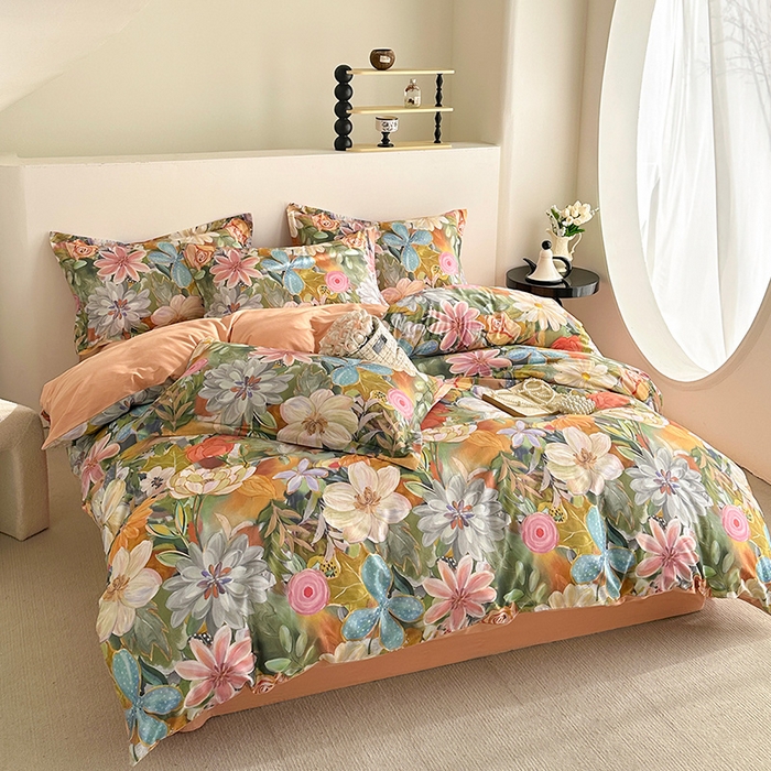 91家纺网 家纺一手货源 找家纺  元元被芯 2024新款全棉长绒棉数码印花四件套全棉四件套纯棉四件套 花的嫁纱-桔