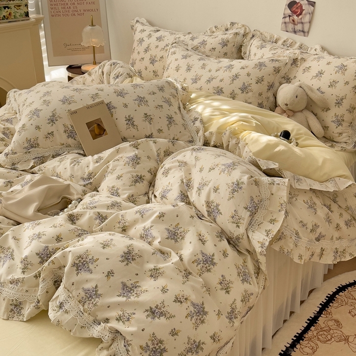 91家纺网 家纺一手货源 找家纺 麦朵13372花边长绒棉床裙款四件套双层纱全棉水洗棉套件 繁花-兰