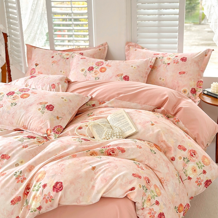 91家纺网 家纺一手货源 找家纺  元元被芯 2024新款全棉长绒棉数码印花四件套全棉四件套纯棉四件套 碧玉倩影-粉