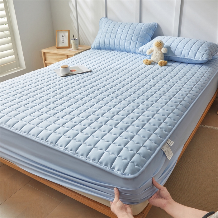 91家纺网 家纺一手货源 找家纺 雯豆家纺 2024新款A类全棉纯棉夹棉床笠三件套印花床笠 全棉夹棉床笠-云川蓝