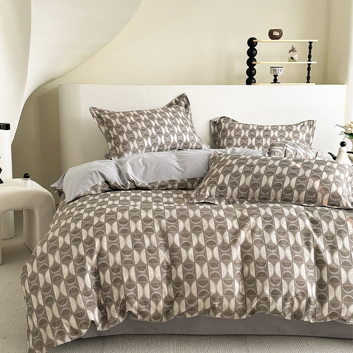 91家纺网 家纺一手货源 找家纺  元元被芯 2024新款全棉长绒棉数码印花四件套全棉四件套纯棉四件套 几何汇-咖