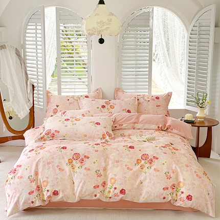 91家纺网 家纺一手货源 找家纺  元元被芯 2024新款全棉长绒棉数码印花四件套全棉四件套纯棉四件套 碧玉倩影-粉