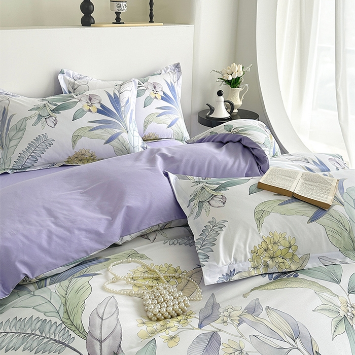 91家纺网 家纺一手货源 找家纺  元元被芯 2024新款全棉长绒棉数码印花四件套全棉四件套纯棉四件套 花意飘香-紫