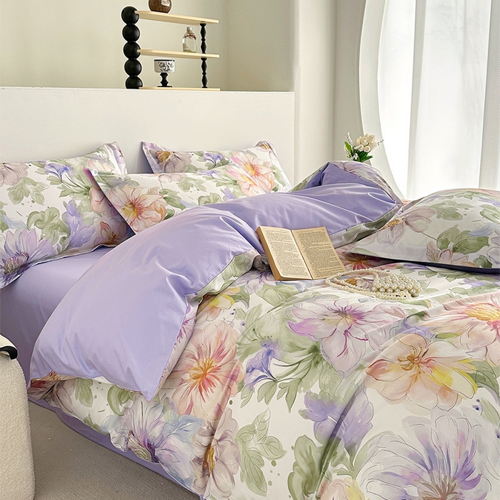 91家纺网 家纺一手货源 找家纺  元元被芯 2024新款全棉长绒棉数码印花四件套全棉四件套纯棉四件套 花的旅途-紫