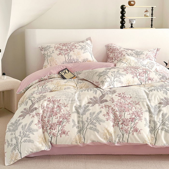 91家纺网 家纺一手货源 找家纺  元元被芯 2024新款全棉长绒棉数码印花四件套全棉四件套纯棉四件套 画意枝头-粉