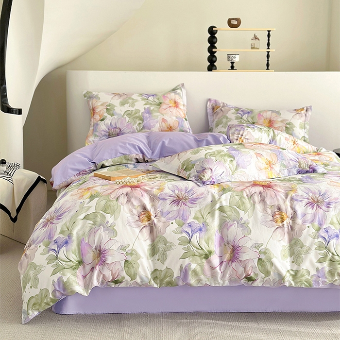 91家纺网 家纺一手货源 找家纺  元元被芯 2024新款全棉长绒棉数码印花四件套全棉四件套纯棉四件套 花的旅途-紫