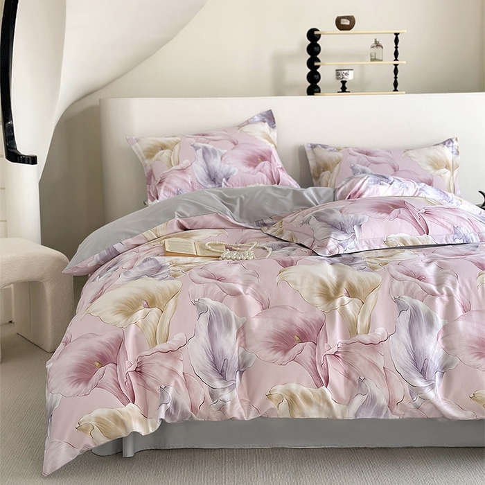 91家纺网 家纺一手货源 找家纺  元元被芯 2024新款全棉长绒棉数码印花四件套全棉四件套纯棉四件套 步步生莲-粉