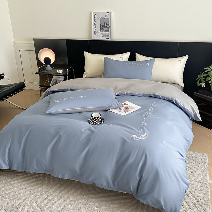 91家纺网 家纺一手货源 找家纺  澳梵家居 2024新款【知羽】系列60s刺绣全棉四件套 知羽-莱茵蓝