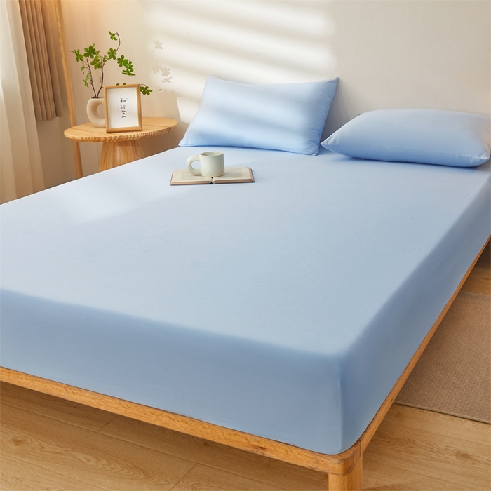 91家纺网 家纺一手货源 找家纺 雯豆 2024春夏新款纯色素色全棉床笠三件套纯棉床罩保护套 全棉单层床笠-云川蓝