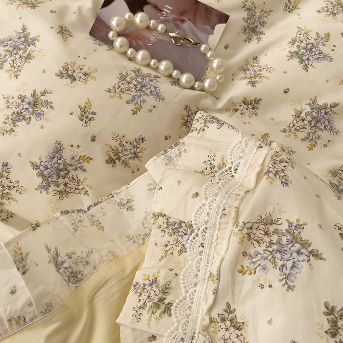 91家纺网 家纺一手货源 找家纺 麦朵13372花边长绒棉床裙款四件套双层纱全棉水洗棉套件 繁花-兰