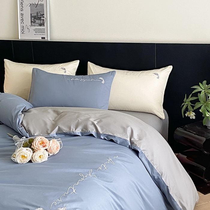 91家纺网 家纺一手货源 找家纺  澳梵家居 2024新款【知羽】系列60s刺绣全棉四件套 知羽-莱茵蓝