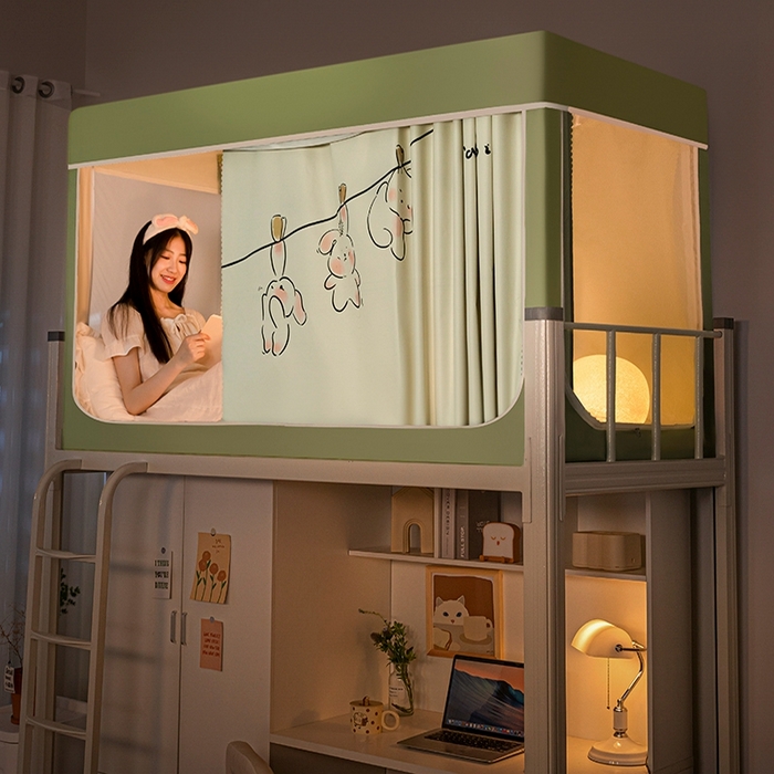 91家纺网 家纺一手货源 找家纺 青竹苑 2024新款涂银强遮光学生蚊帐上下铺坐床蚊帐 呆萌兔绿色