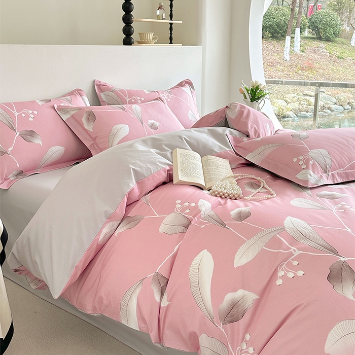 91家纺网 家纺一手货源 找家纺  元元被芯 2024新款全棉长绒棉数码印花四件套全棉四件套纯棉四件套 迷离叶色-粉