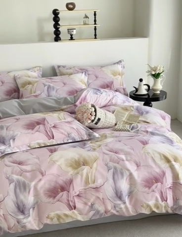 91家纺网 家纺一手货源 找家纺  元元被芯 2024新款全棉长绒棉数码印花四件套全棉四件套纯棉四件套 步步生莲-粉