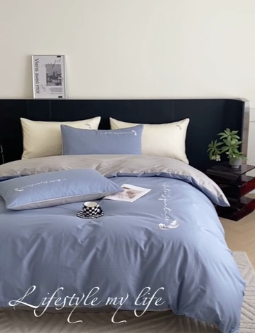 91家纺网 家纺一手货源 找家纺  澳梵家居 2024新款【知羽】系列60s刺绣全棉四件套 知羽-莱茵蓝