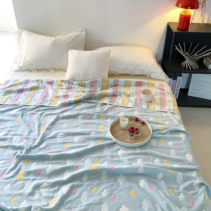 91家纺网 家纺一手货源 找家纺 爱港家纺 2024新款全棉六层毛巾被夏凉被纱布毯 蓝云