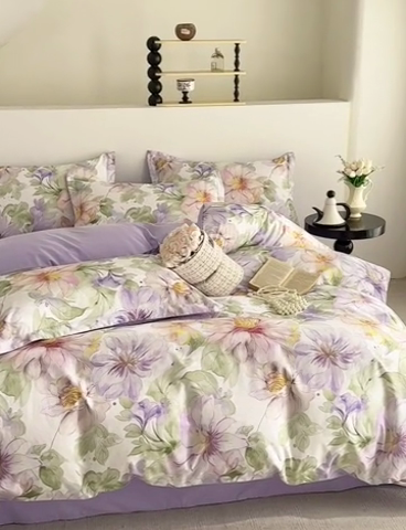 91家纺网 家纺一手货源 找家纺  元元被芯 2024新款全棉长绒棉数码印花四件套全棉四件套纯棉四件套 花的旅途-紫