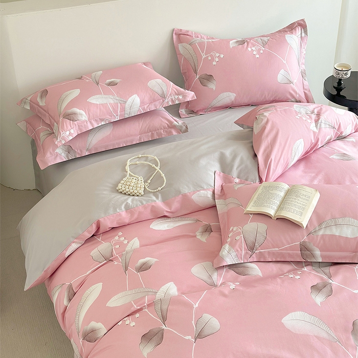 91家纺网 家纺一手货源 找家纺  元元被芯 2024新款全棉长绒棉数码印花四件套全棉四件套纯棉四件套 迷离叶色-粉