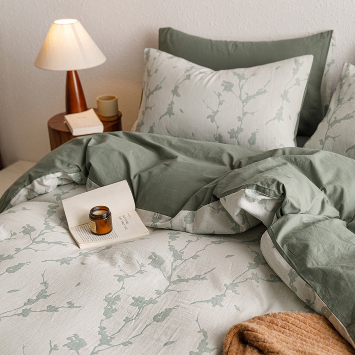 91家纺网 家纺一手货源 找家纺 雅居纺家纺 2024新款双层纱色织提花四件套 初春-绿