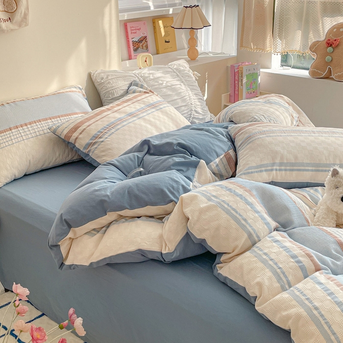 91家纺网 家纺一手货源 找家纺 雅居纺家纺 2024新款全棉华夫格提花四件套-简希 简希-浅蓝