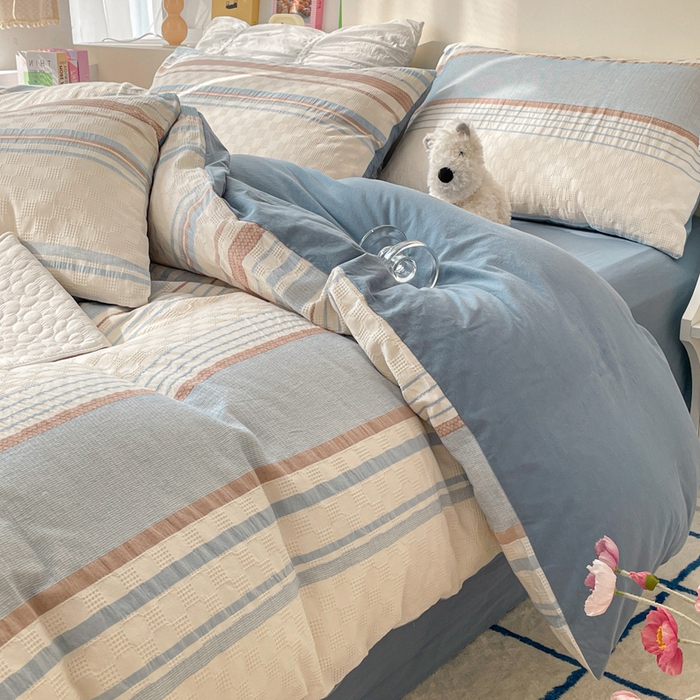 91家纺网 家纺一手货源 找家纺 雅居纺家纺 2024新款全棉华夫格提花四件套-简希 简希-浅蓝